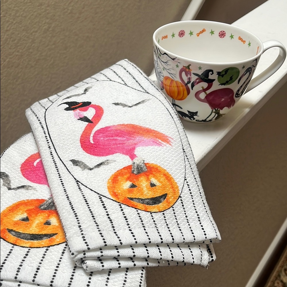 Flamingo Halloween Tea Towels and Mug Set